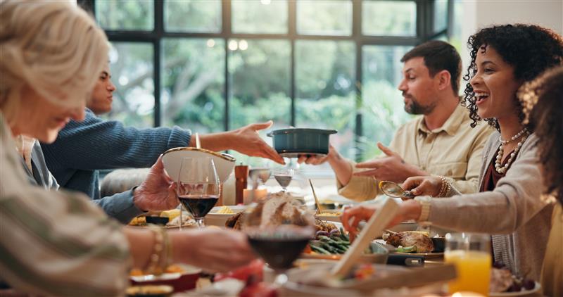 family comfortable at holiday dinner